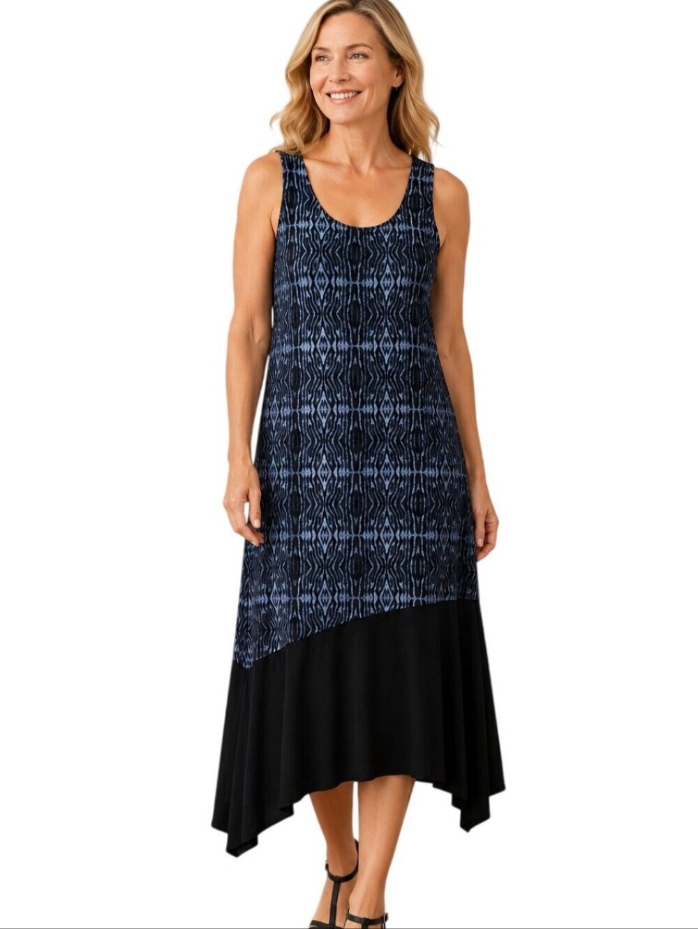 Fresh Produce Navy Print Layered Assymetric Hem Sleeveless Midi Dress Size L